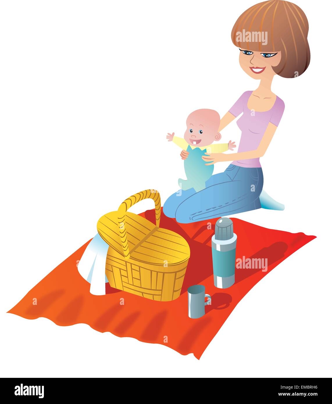 Young mother with baby on a picnic. Basket food stand on the Mat Stock Vector