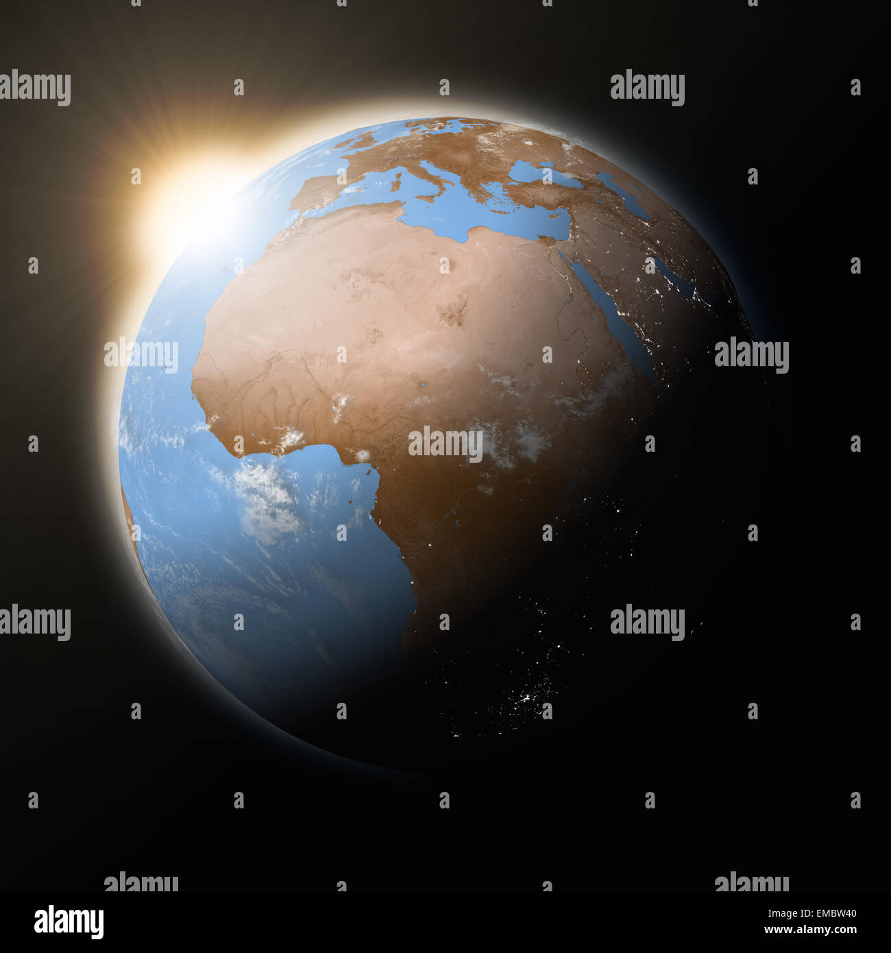 Sun over Africa on blue planet Earth isolated on black background ...