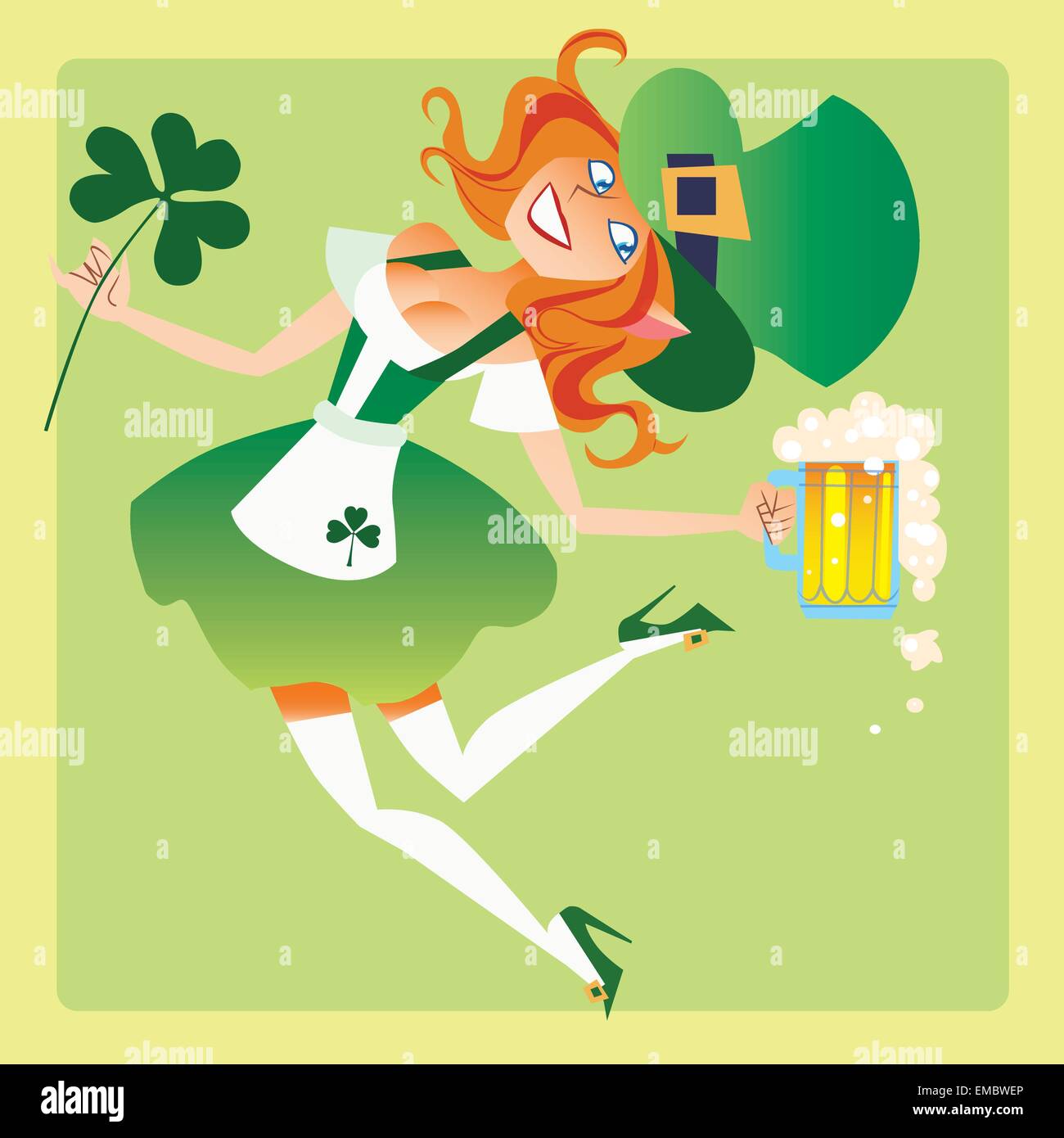 Girl elf on the holiday of St. Patricks day with a beer and a Shamrock in his hand dancing Stock Vector