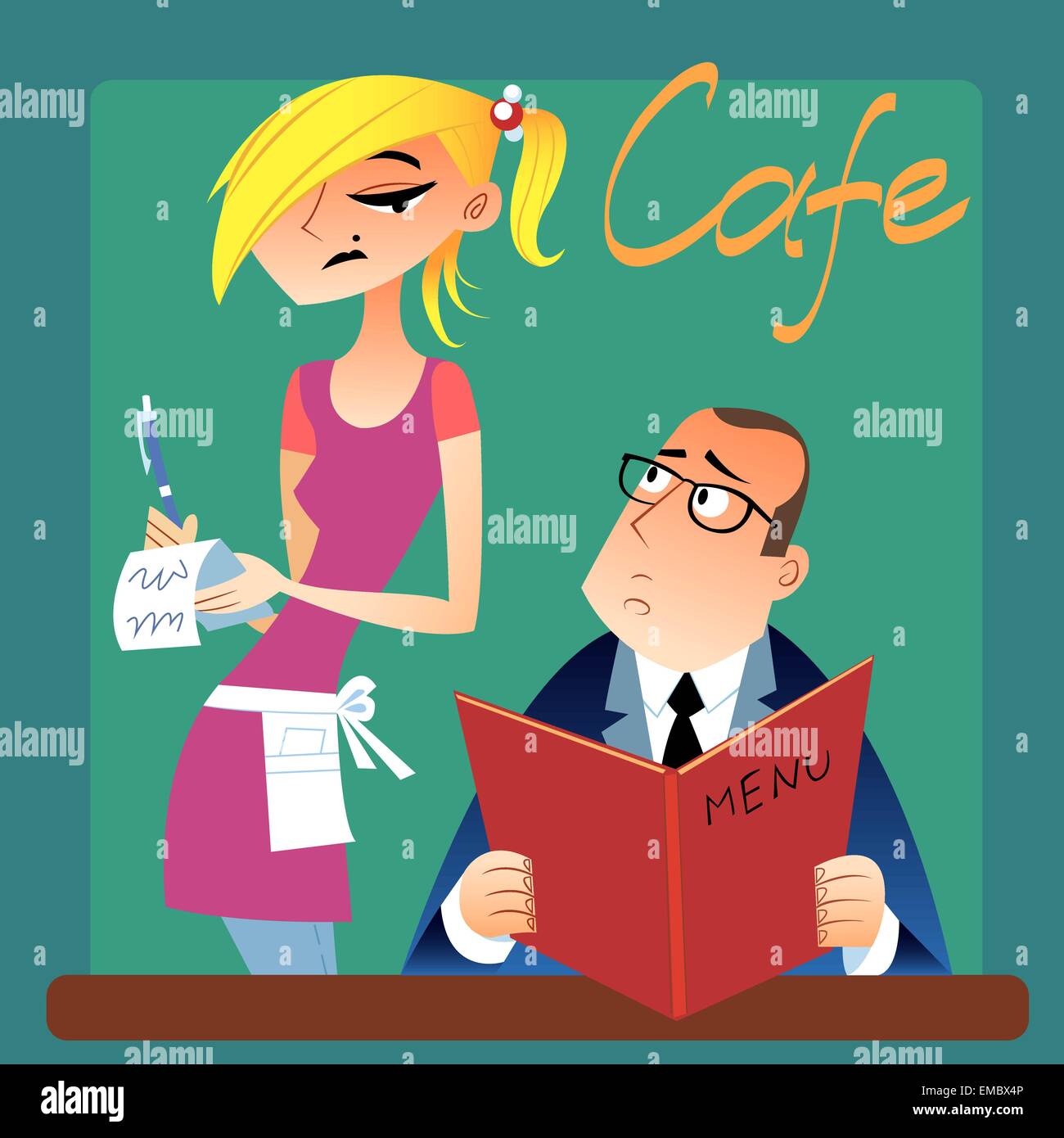 The waitress takes an order from a customer in the cafe, guest considers menu Stock Vector