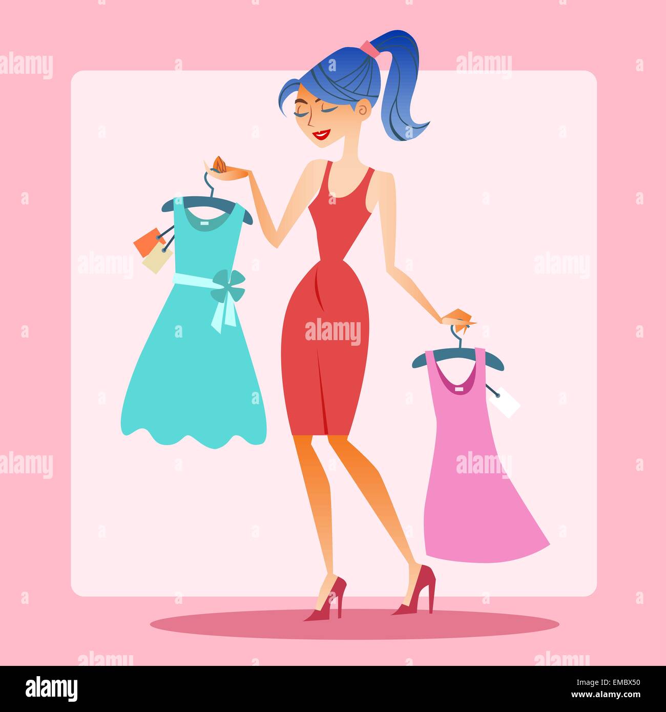 Girl shopping dress choice. Fashion, discounts and sales Stock Vector