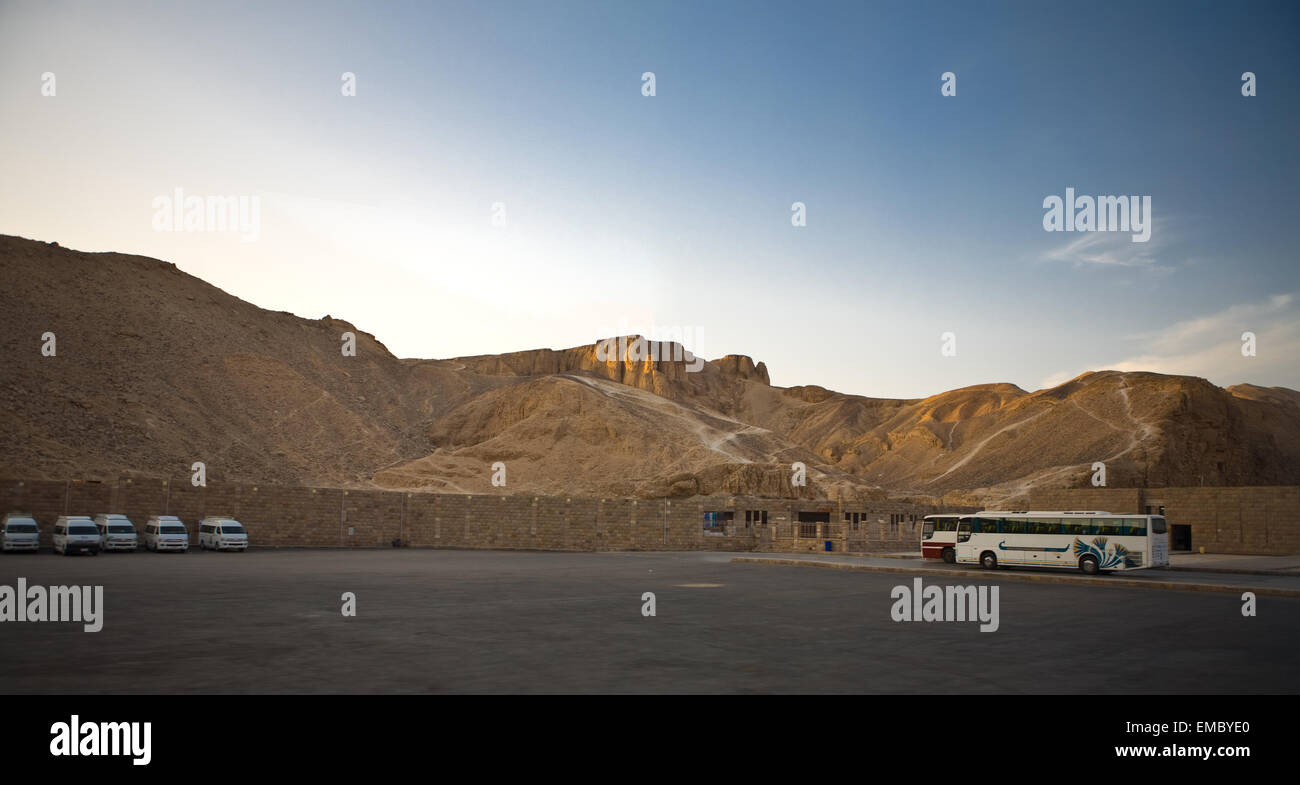 Kings Valley bus parking area, Luxor, Egypt Stock Photo