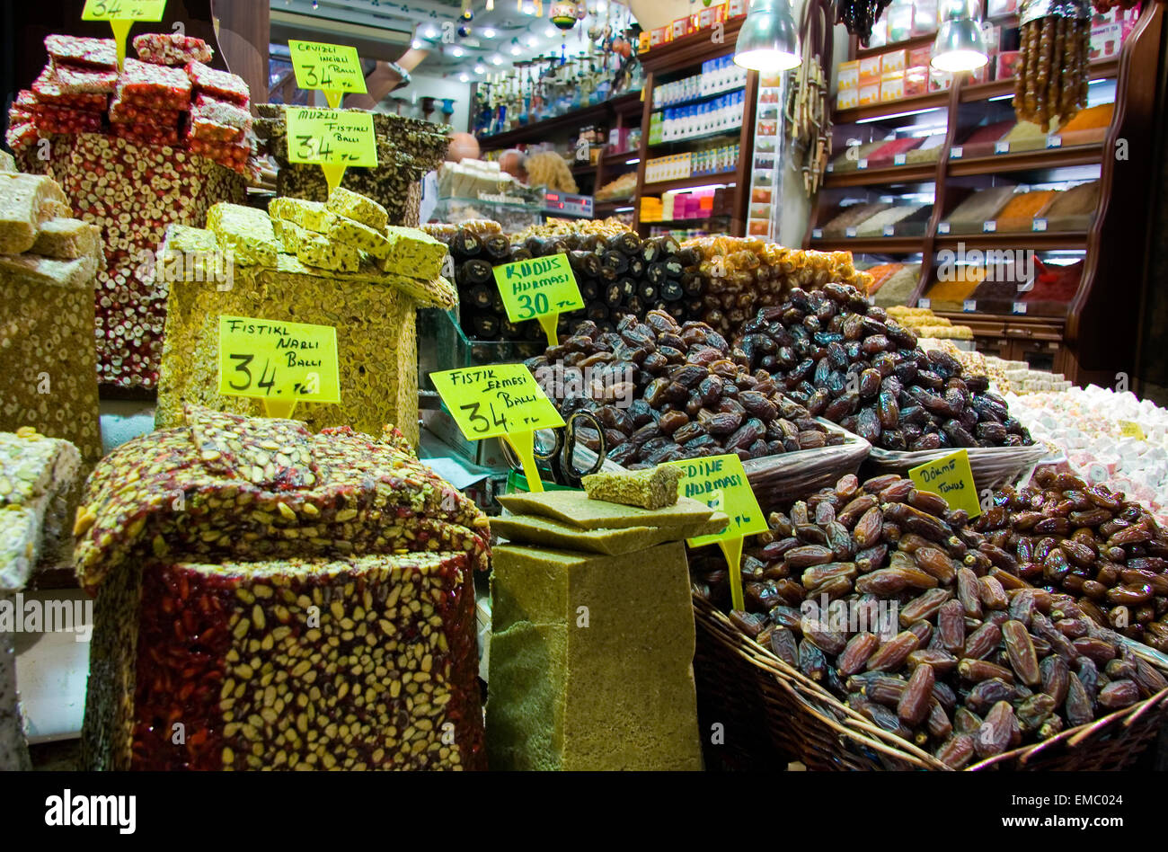 Showing of Turkish sweets, dried fruits and nuts in a stall in the Istanbul spice market Stock Photo