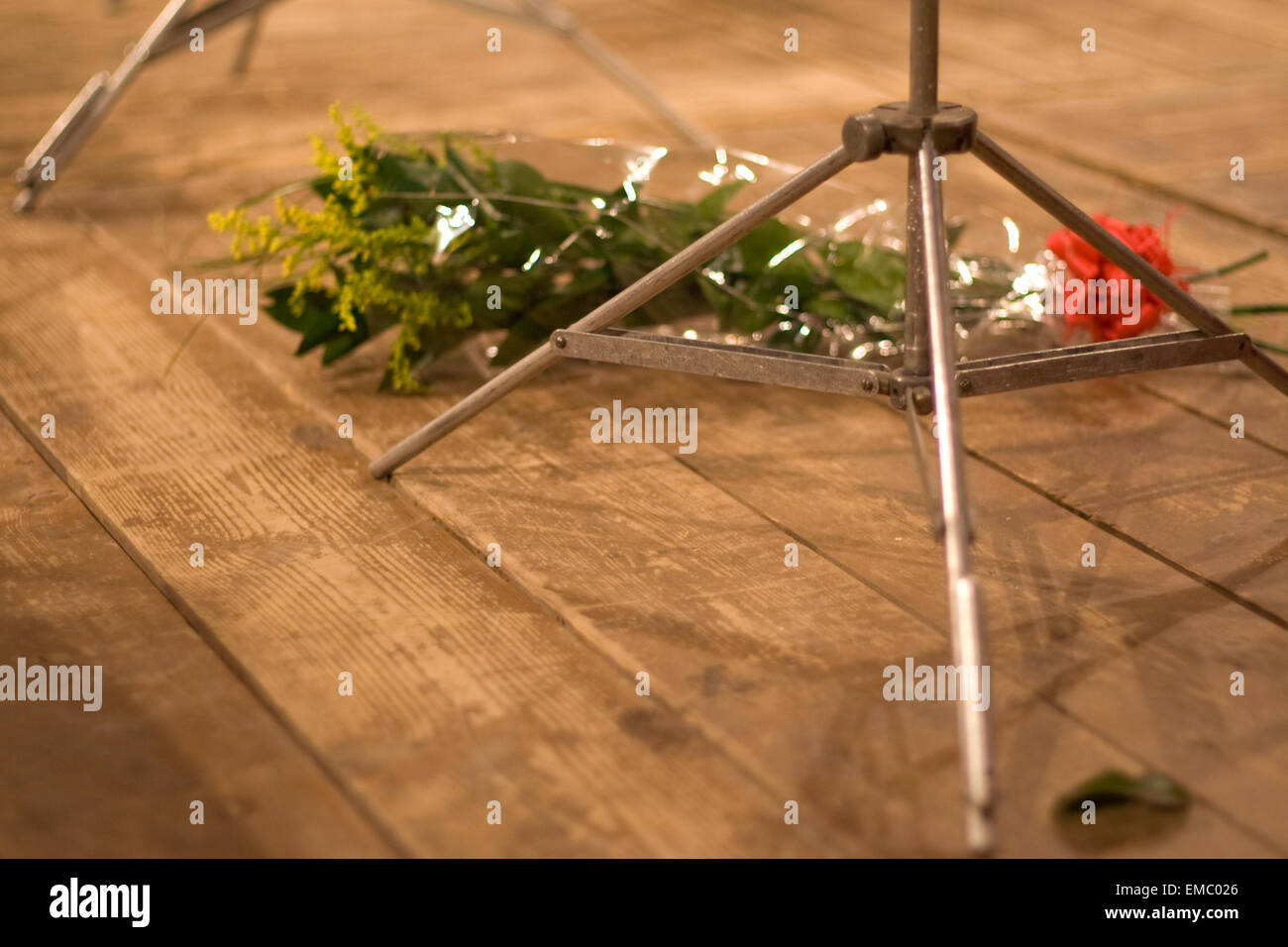 Music stand on auditorium with flowers after the concert Stock Photo