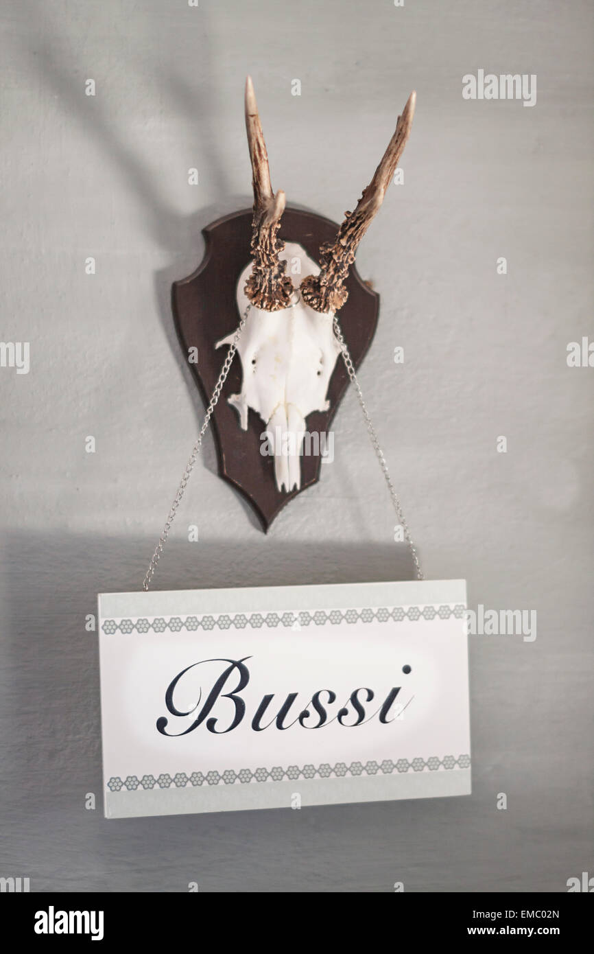 Antler with sign hanging on wall Stock Photo
