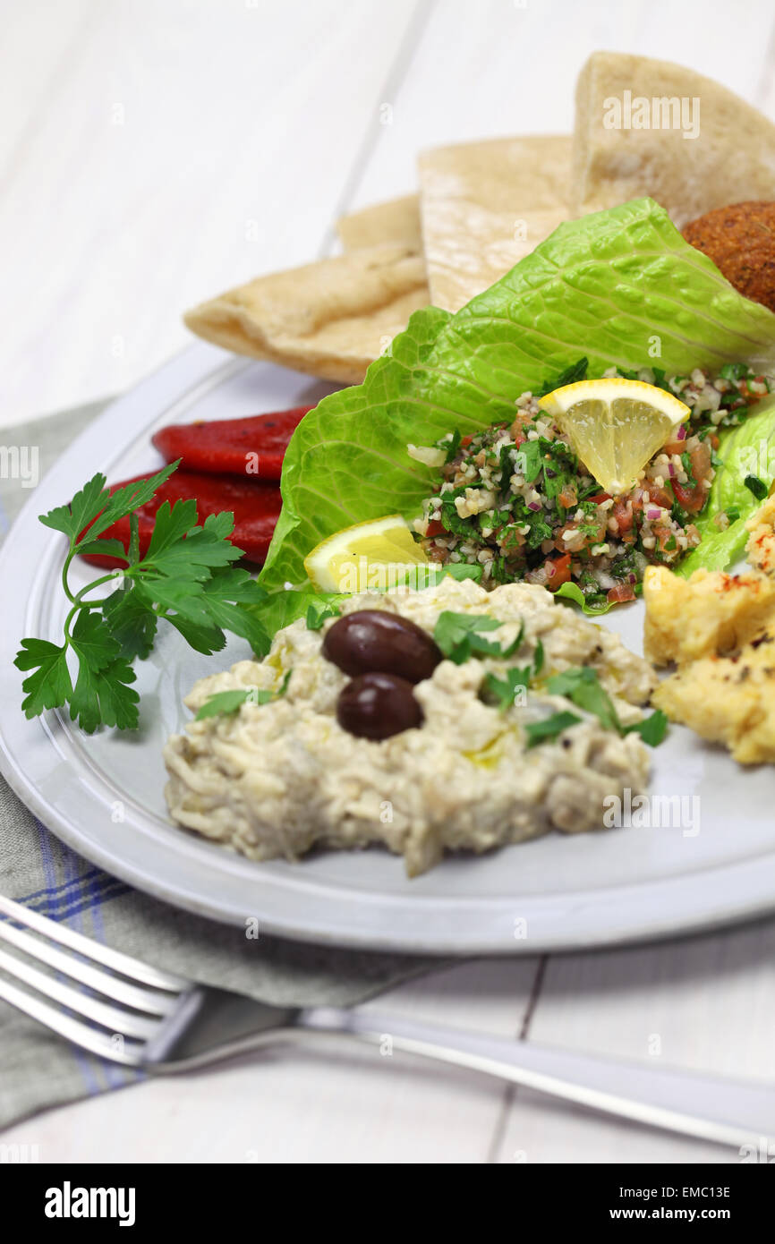 hummus, falafel, baba ghanoush, tabbouleh and pita, middle eastern cuisine Stock Photo