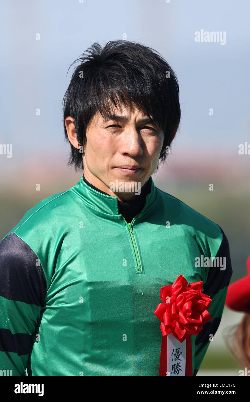 Hideaki Miyuki, APRIL 18, 2015 - Horse Racing : Jockey Hideaki Miyuki after riding Kurino Star O to win the Antares Stakes at Hanshin Racecourse in Hyogo, Japan. (Photo by Eiichi Yamane/AFLO) Stock Photo
