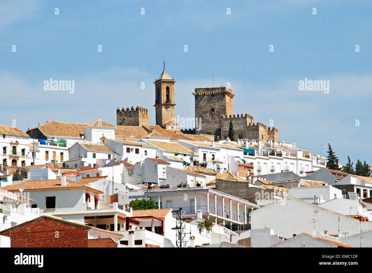 General view of town with church and castle on hill, Espejo, Cordoba Province, Andalusia, Spain, Western Europe. Stock Photo