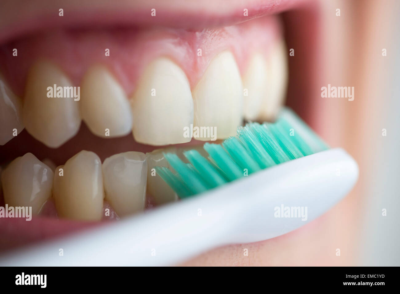 Toothbrush on teeth Stock Photo