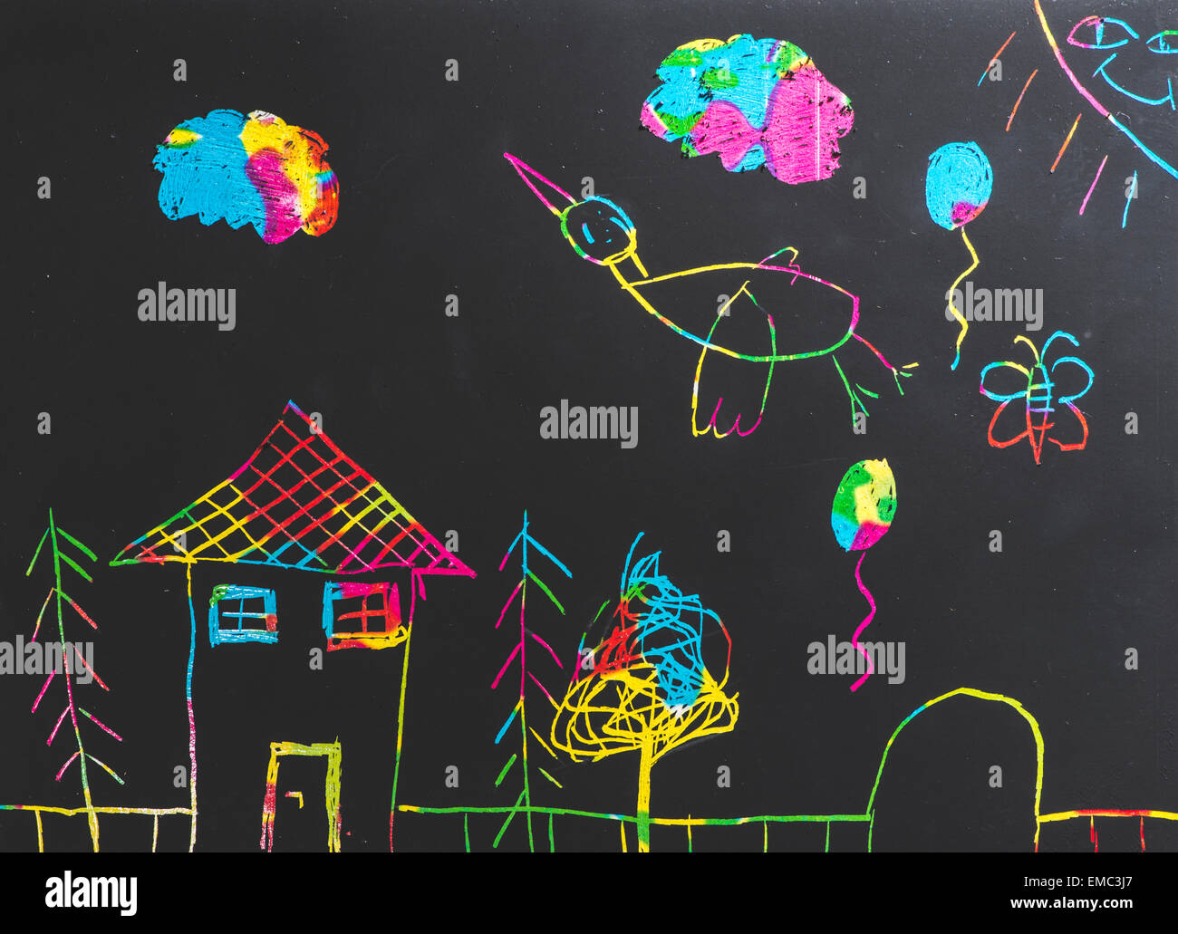 Children drawing on black background Stock Photo - Alamy