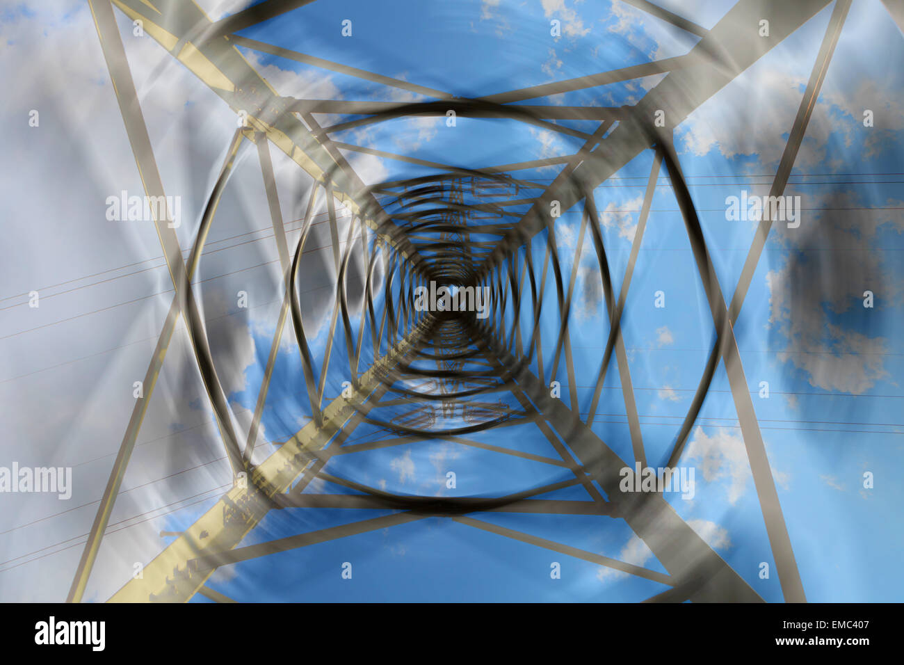 Abstract electricity pylon seen from the ground Stock Photo