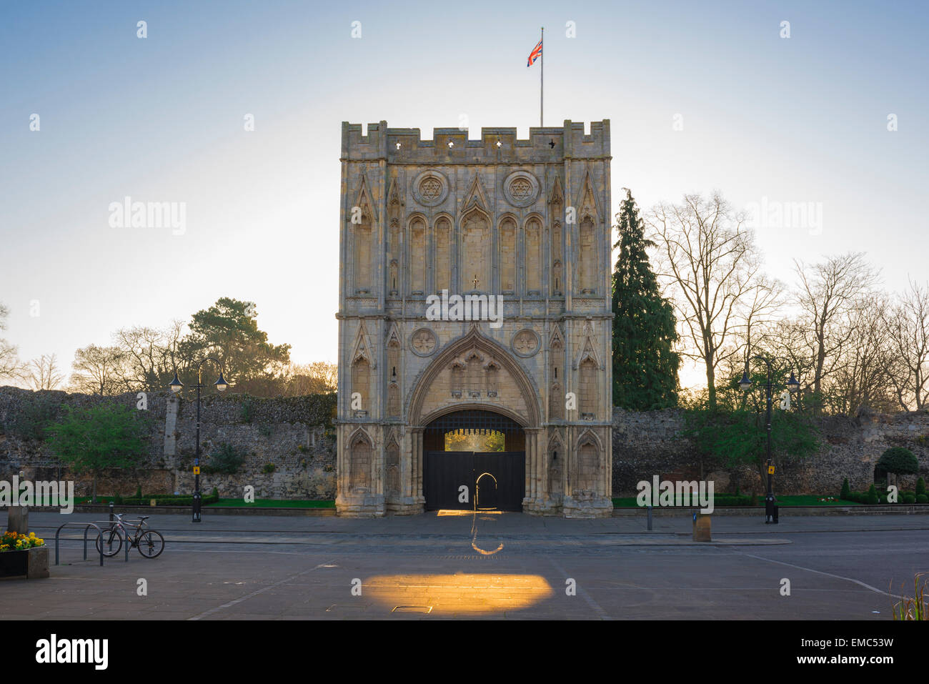 Bury St Edmunds Angel Hill, view of the Abbey Gate on Angel Hill at dawn Bury St. Edmunds, Suffolk, England. Stock Photo