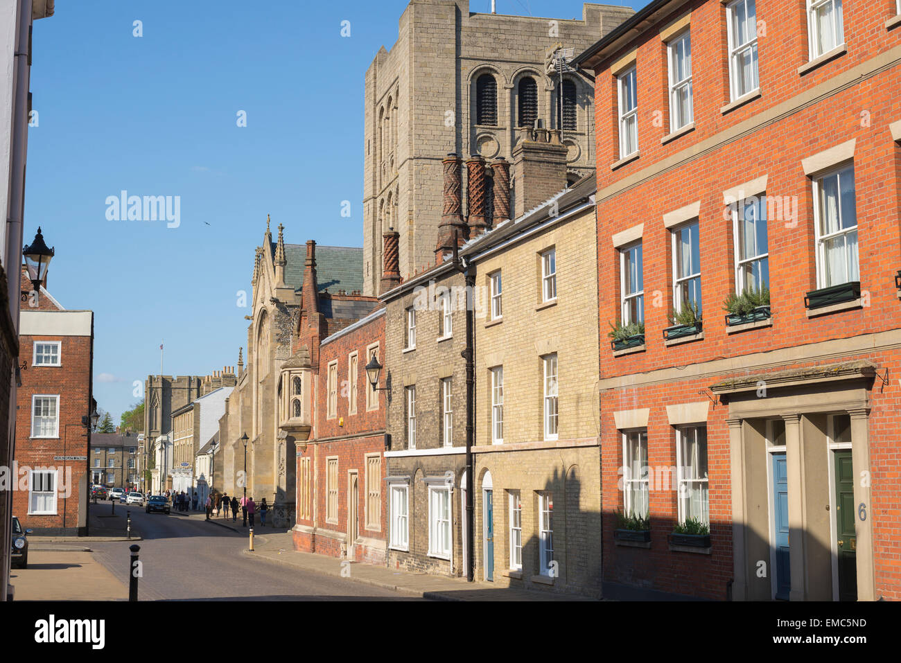 Bury St Edmunds architecture, view of Crown Street in which a diverse range of architectural styles typical of Bury St Edmunds is displayed, Suffolk Stock Photo