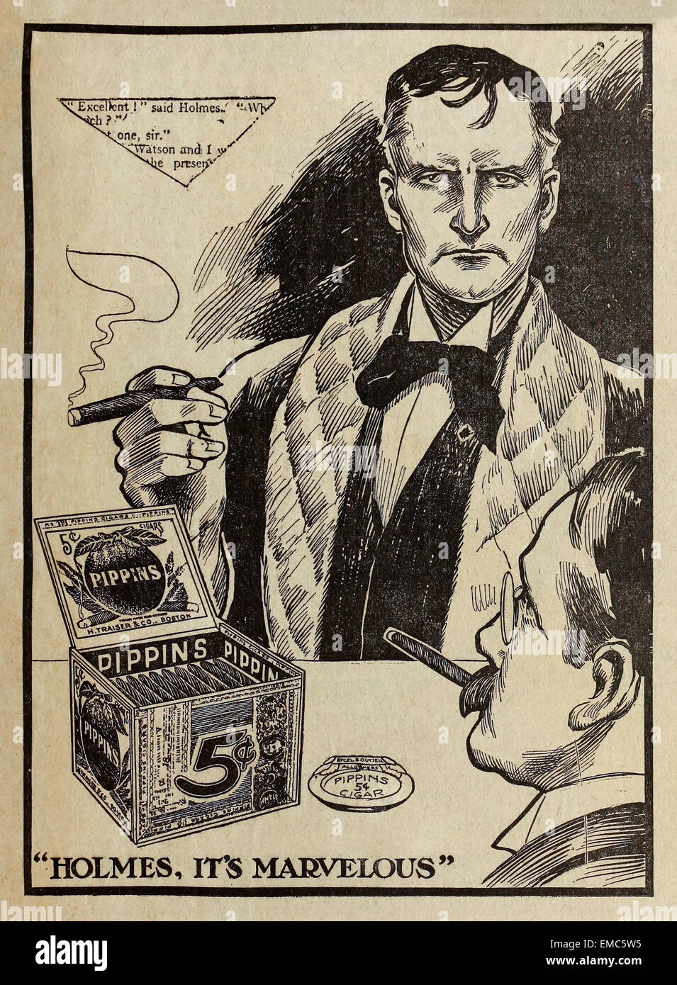 'Holmes, it's Marvelous' Pippins Cigar print advert featuring Sherlock Holmes and Dr. Watson. From a series of booklets distributed with The Boston Sunday Post in 1911. Pippins Cigars were manufactured by Traiser & Co. Inc. Boston. Sherlock is drawn to resemble actor William Gillette who portrayed the detective on stage in a highly successful tour around the UK and US. Stock Photo