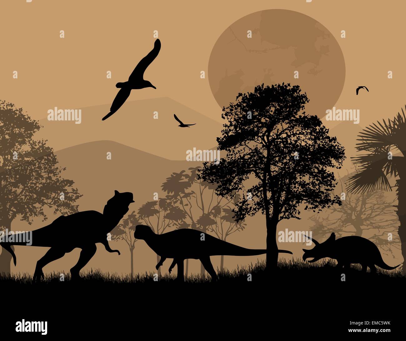 Dinosaurs silhouettes in beautiful landscape Stock Vector