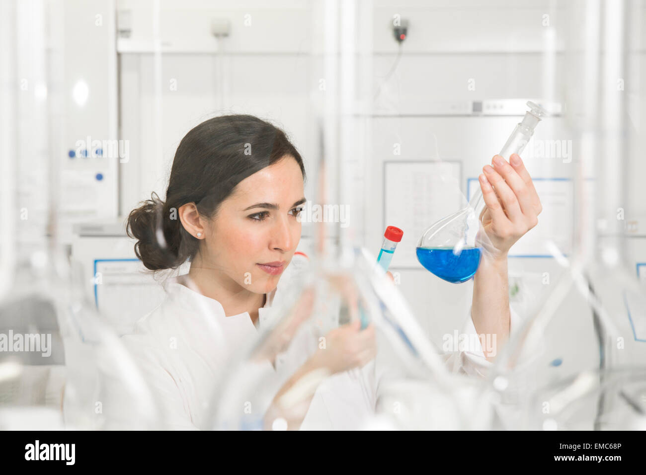 Young scientist in laboratory judging blue liquid in flask Stock Photo ...