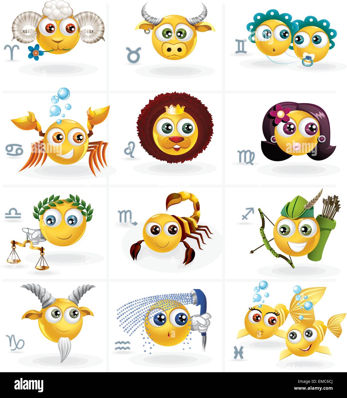 Zodiac Signs - Icons/Smiley Figures - Vector Set Stock Vector