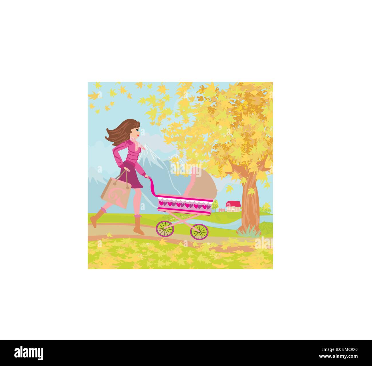 Young mom taking her baby for a stroll through park in autumn Stock Vector