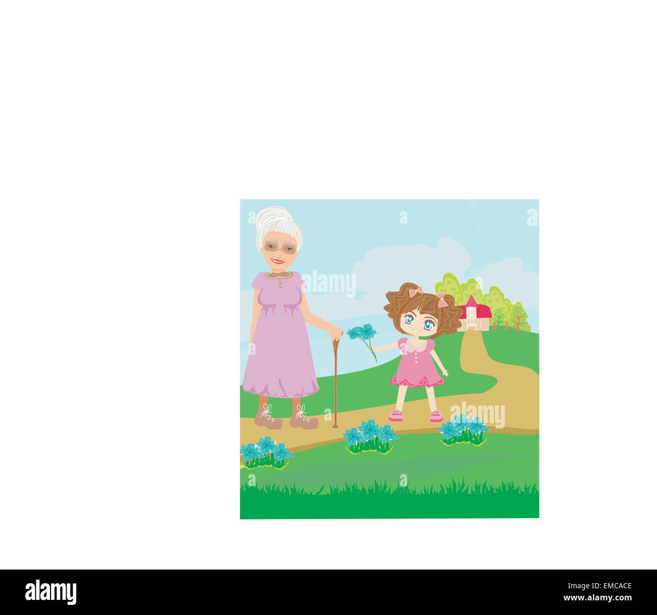 little girl gives flowers to grandmother Stock Vector