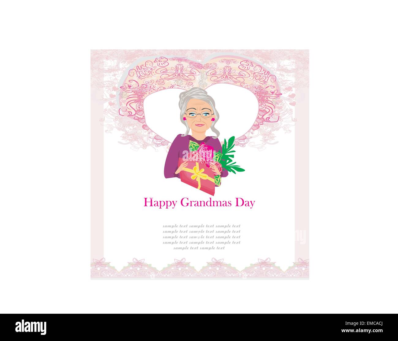 senior woman with a bunch of flowers ,Happy Grandmas Day Stock Vector