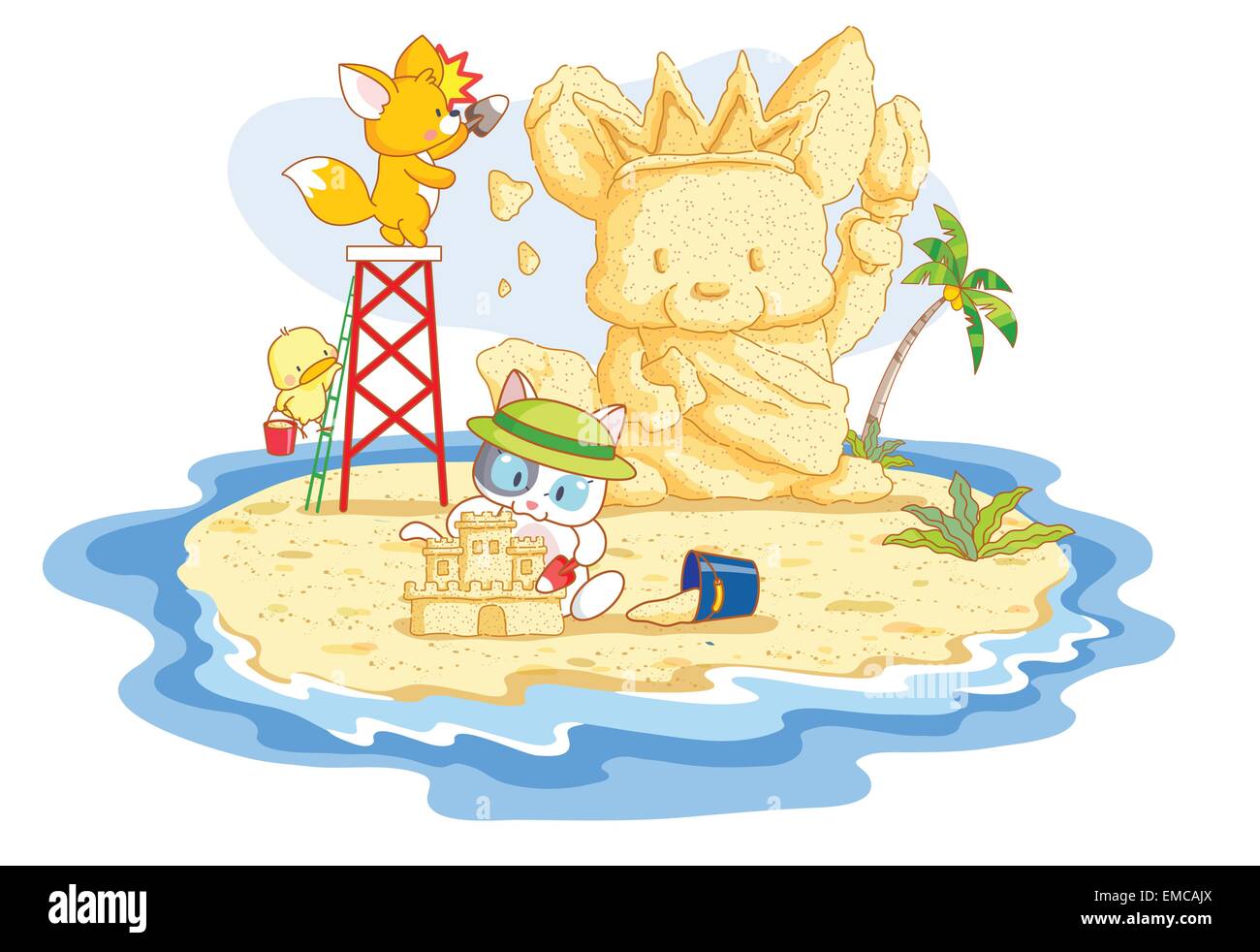 cute animals are playing sand on the beach Stock Vector