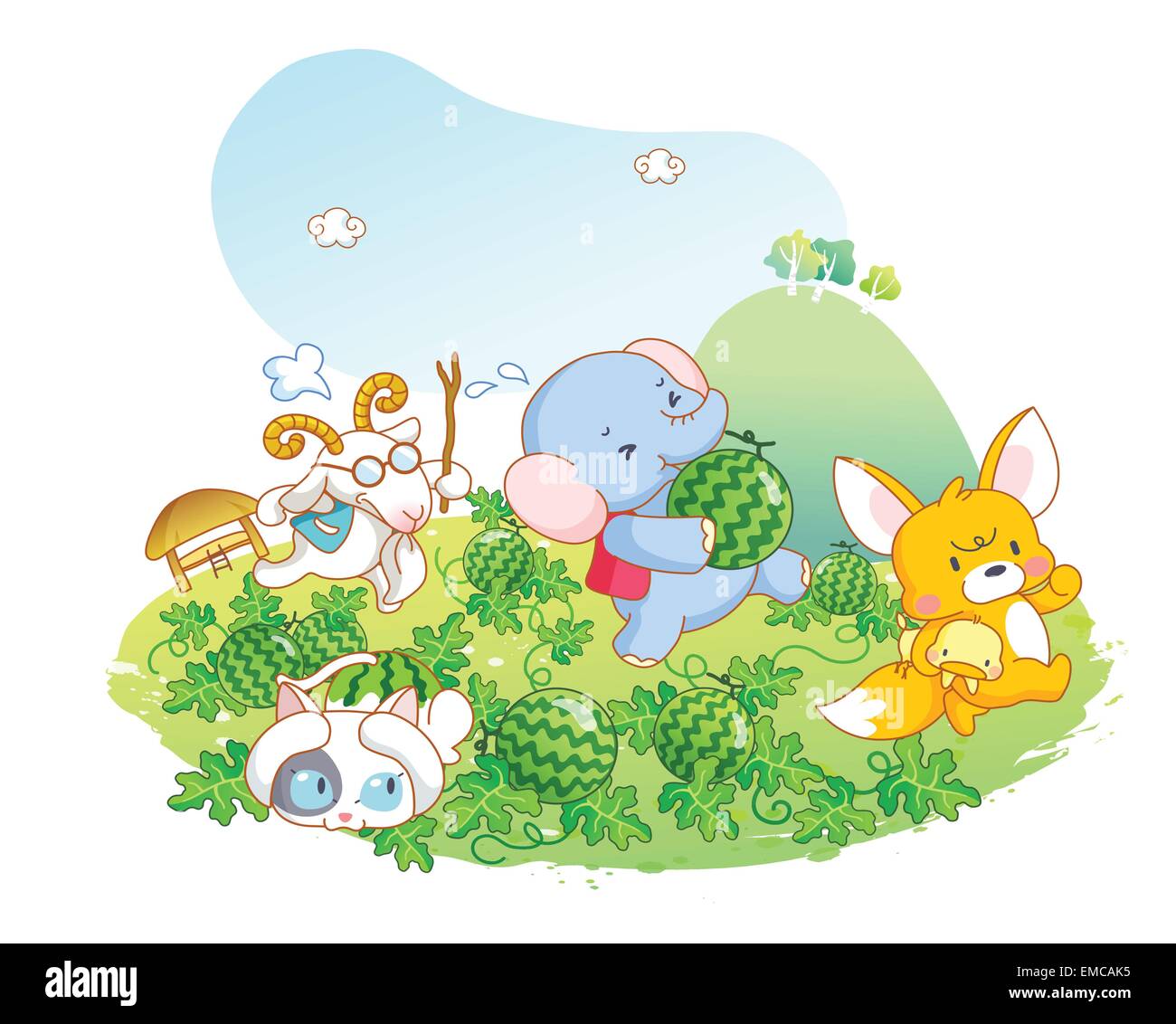 animals playing in the garden watermelon Stock Vector