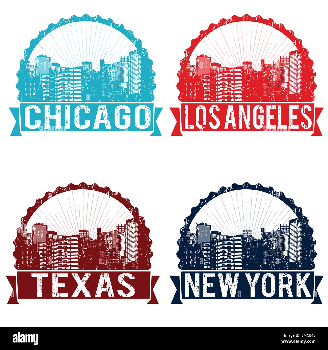 Chicago, Los Angeles, Texas and New York stamps Stock Vector