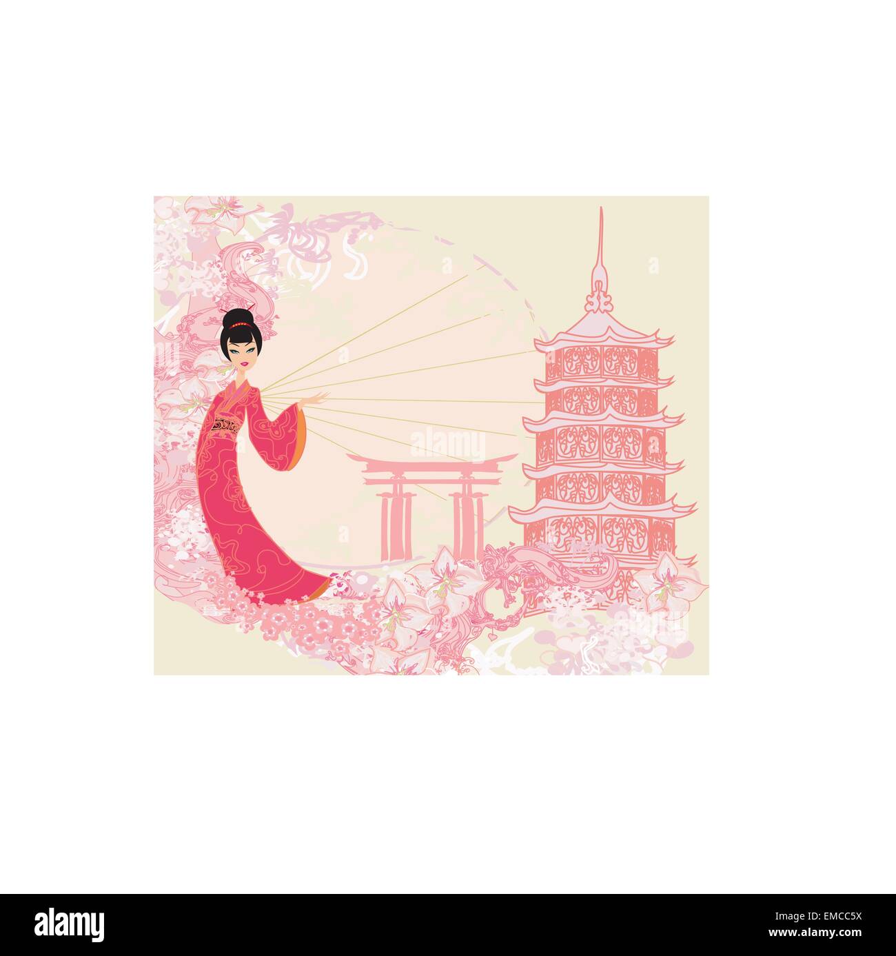 grunge abstract landscape with Asian girl Stock Vector