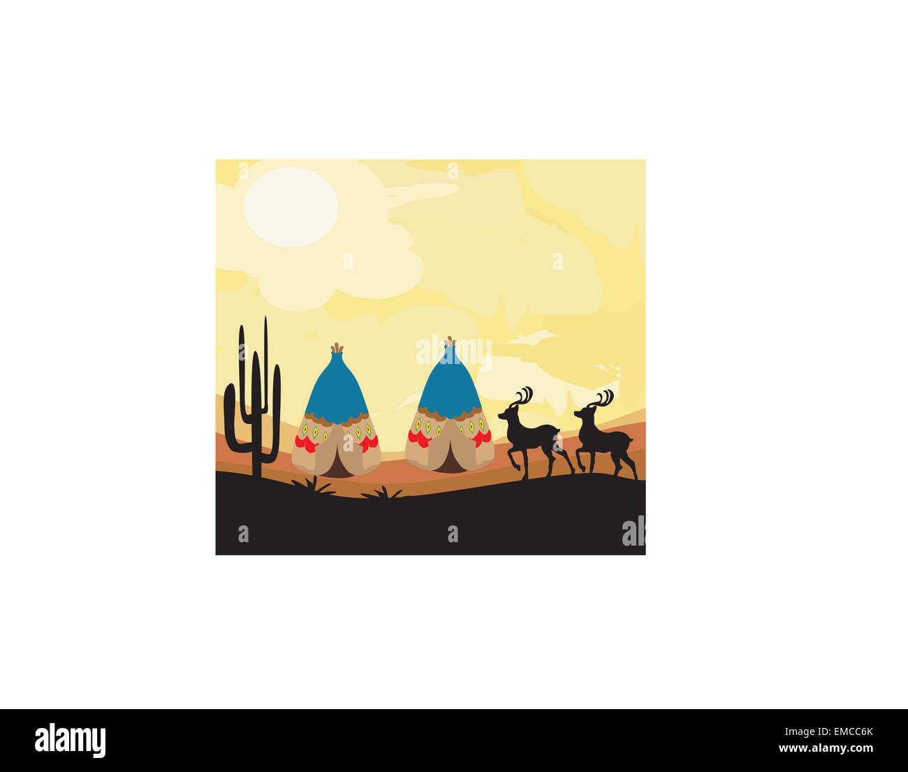 wild landscape with two wigwams and wild animals Stock Vector