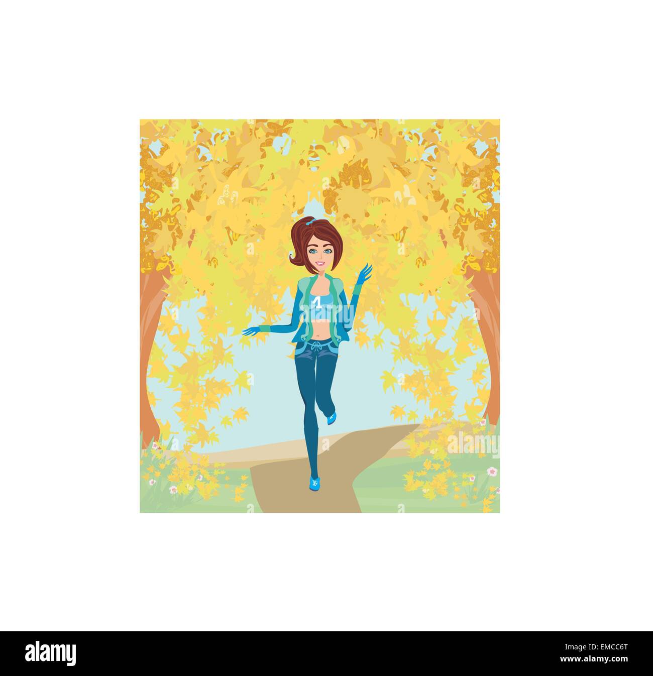girl running in the park, autumn landscape Stock Vector