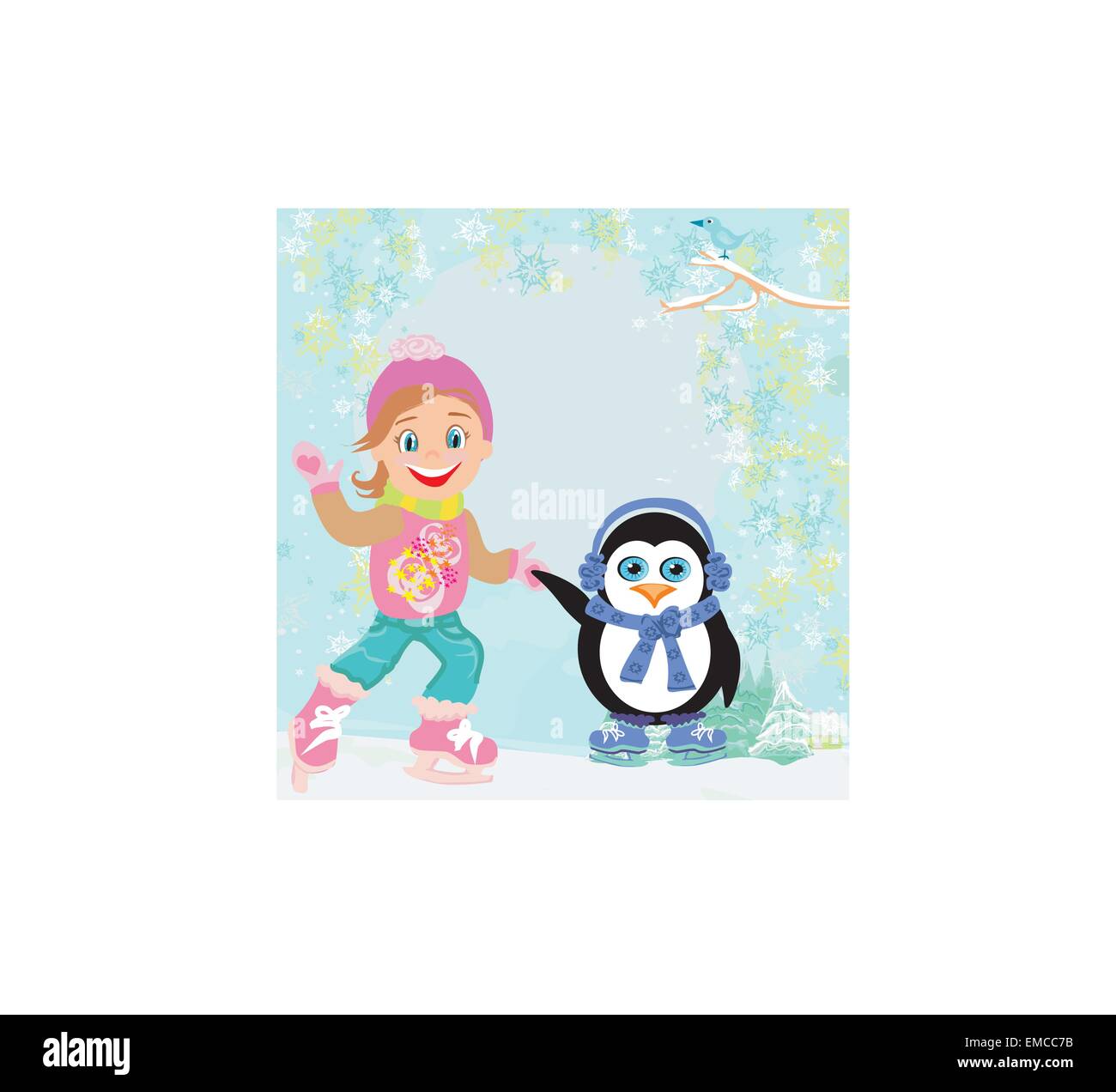 girl and penguin ice skating Stock Vector