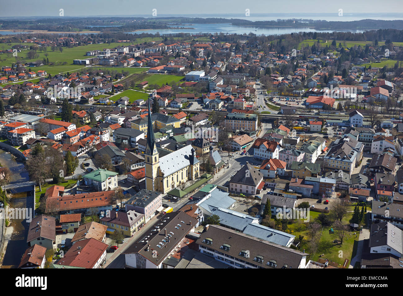 Germany, Bavaria, Aerial view of Prien and lake Chiemsee Stock Photo