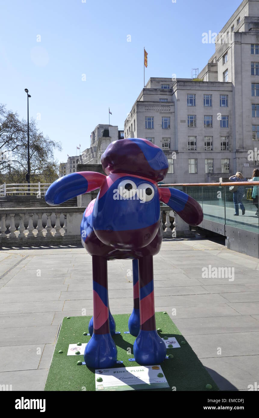 A Shaun the Sheep replica sculpture, part of the Shaun in the City exhibition of 50 Shauns placed around London in May 2015 Stock Photo