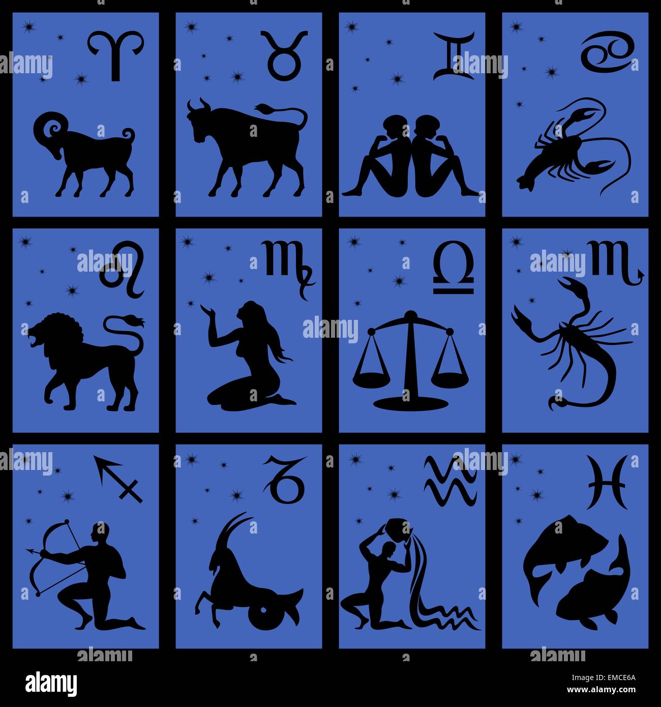 Twelve black silhouettes of Zodiac signs Stock Vector