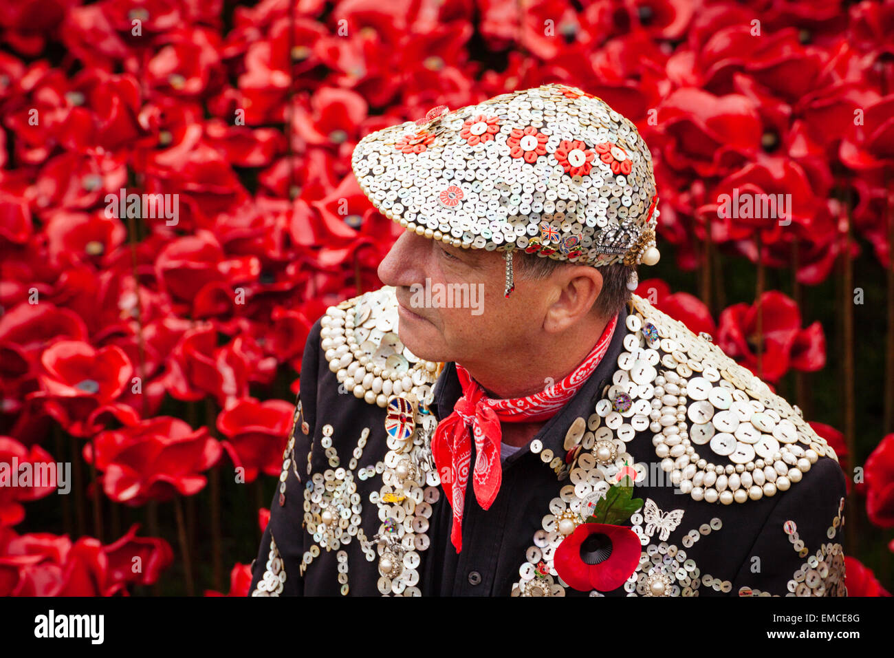 Portrait of a pearly king on armistice day at the Tower of London, UK. Stock Photo