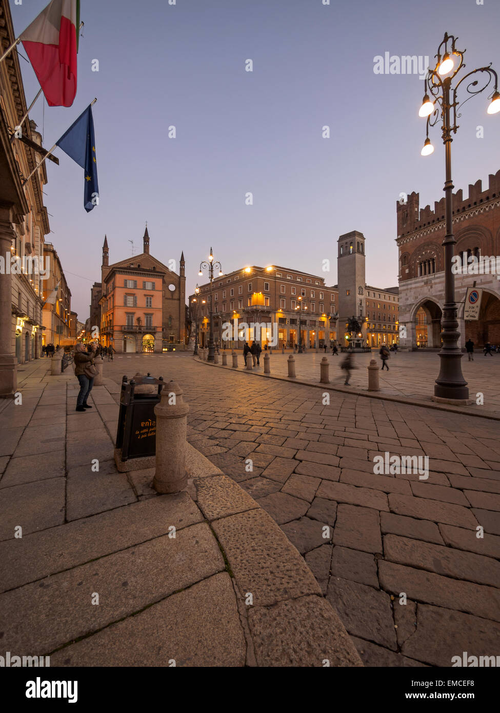 Italy, Piacenza, view to Piazza Cavalli at evening twilight Stock Photo