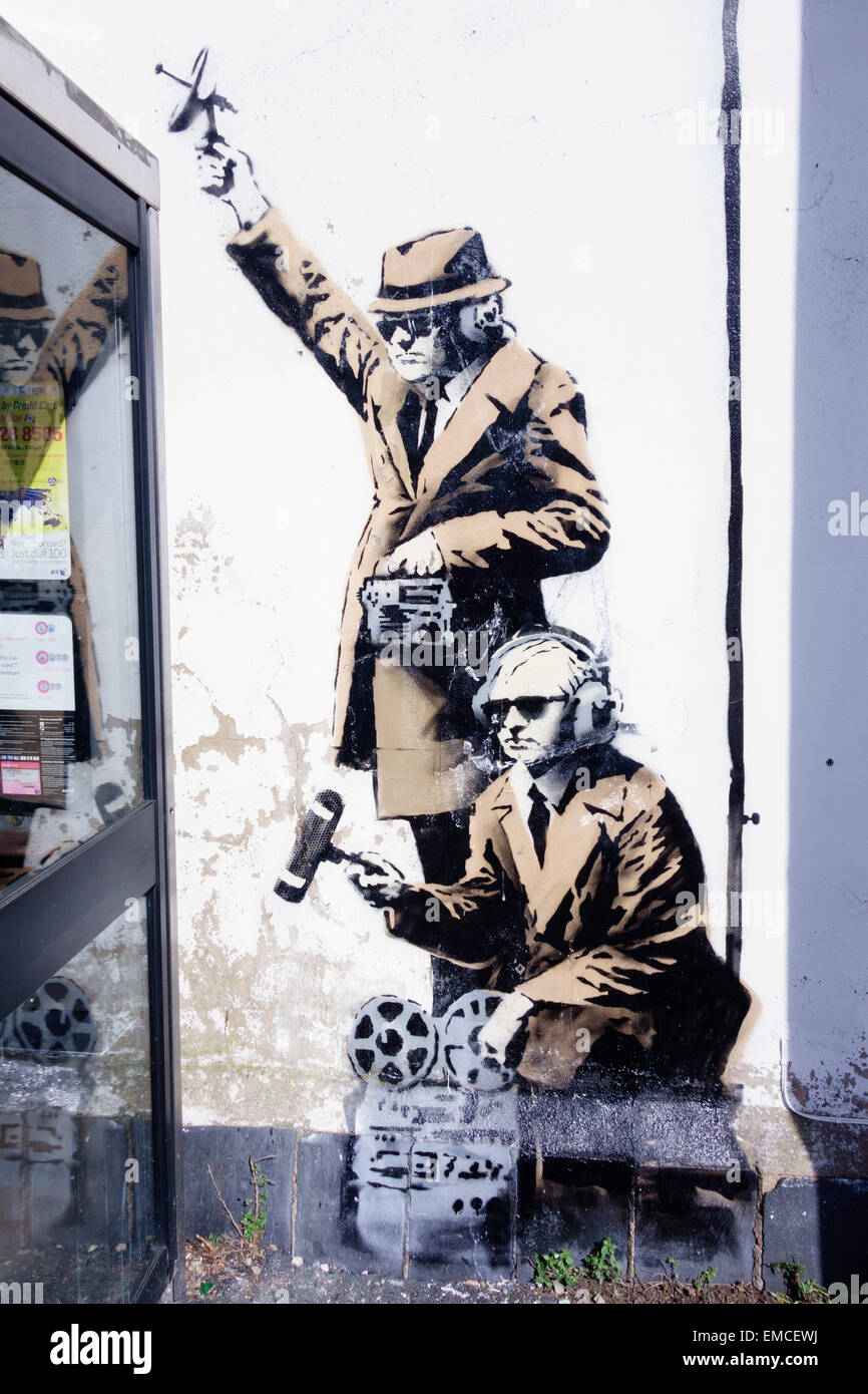Detail of Banksy's 'spy booth' artwork appeared in Cheltenham, Gloucestershire in April 2014. Stock Photo