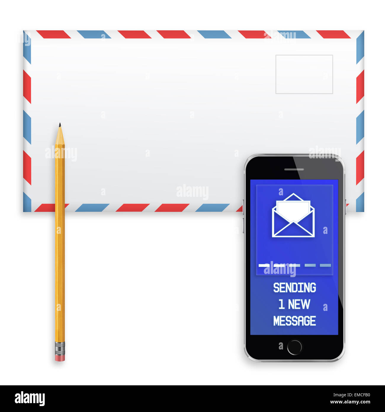 Post envelope, yellow pencil and mobile smart phone with screen showing inscription of sending one new messageon isolated on whi Stock Photo