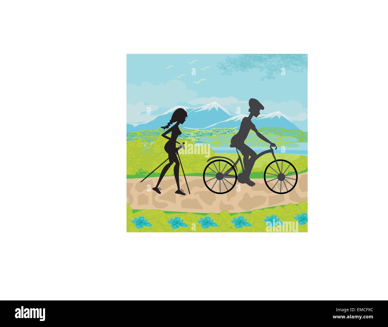actively spend the day - Nordic walking and riding a bike Stock Vector