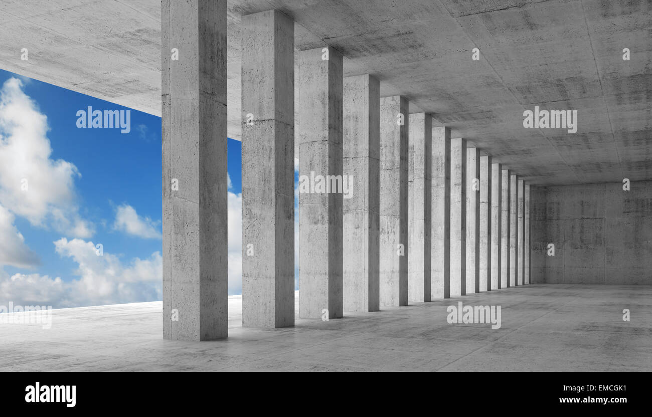 Abstract architecture, empty interior with concrete columns, 3d illustration with perspective effect and blue sky background Stock Photo