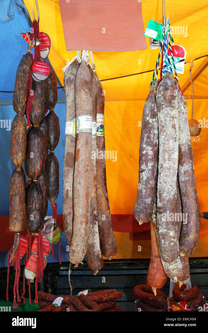Chorizo sausages hanging on a market stall at the Medieval market, Barbate,  Cadiz Province, Andalusia, Spain, Western Europe Stock Photo - Alamy