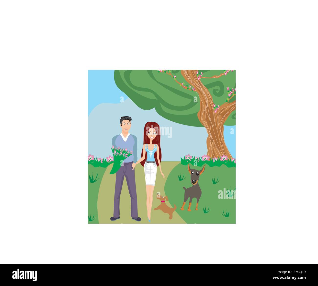 couple on a walk with the dogs Stock Vector