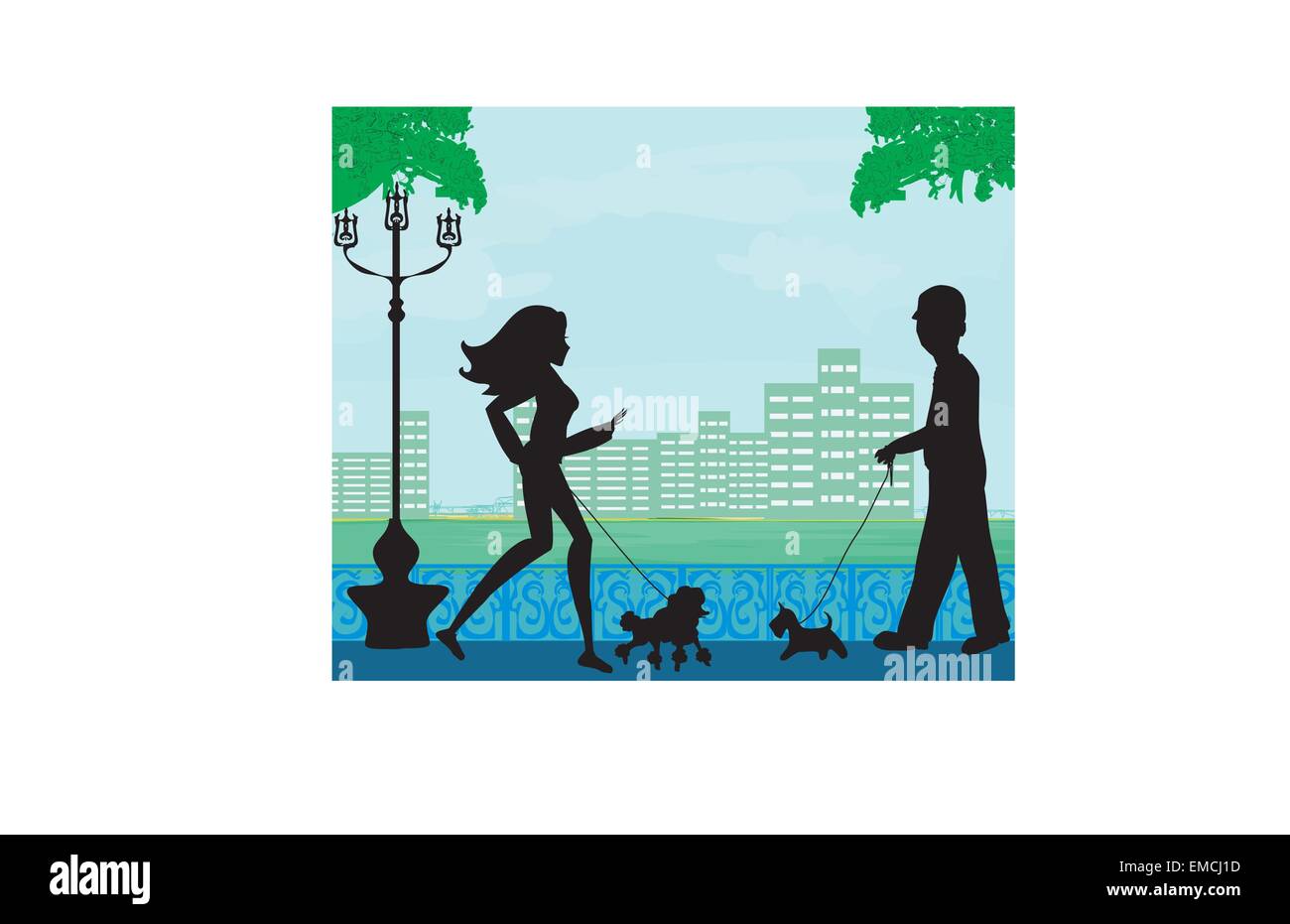 walk the dog in a city park Stock Vector
