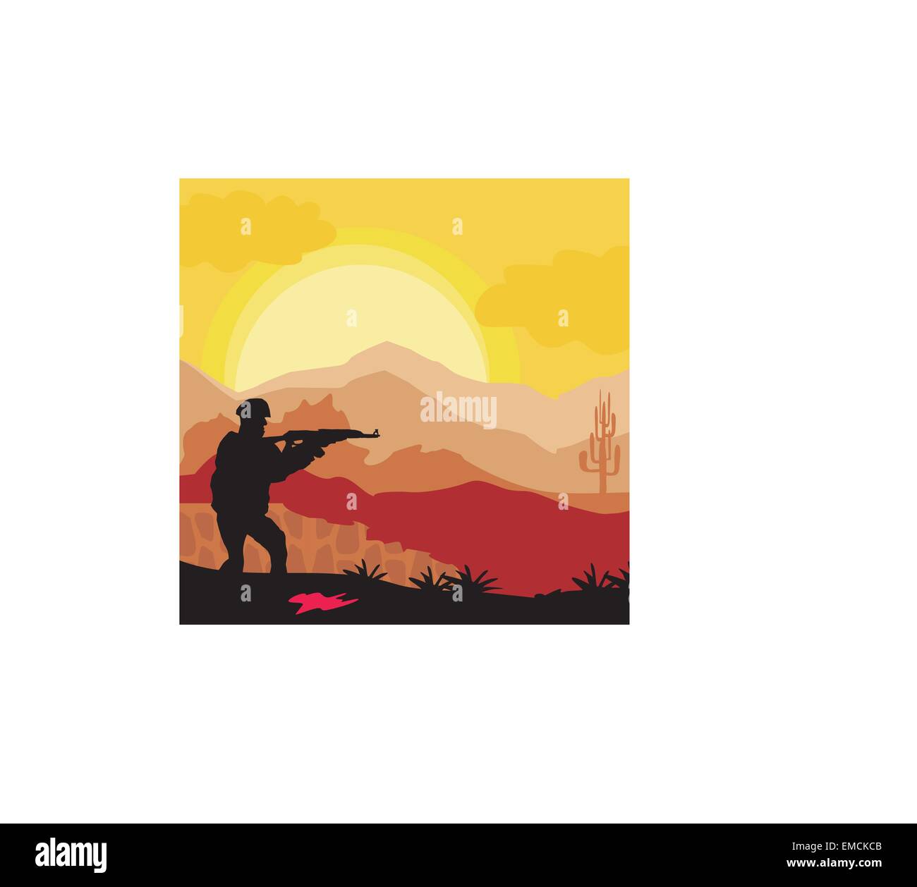Silhouette  of soldier holding gun Stock Vector