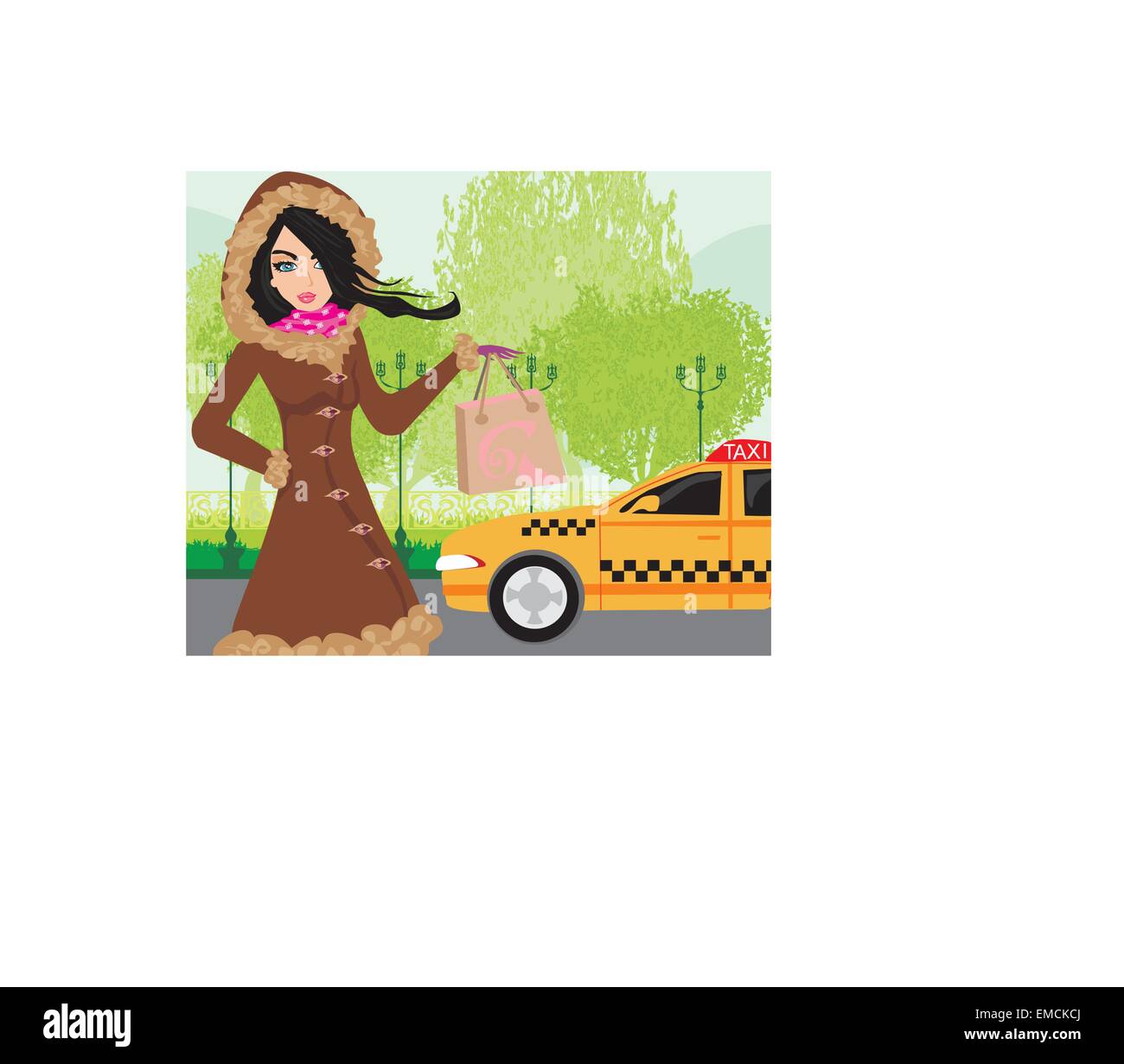 Elegant Woman Waiting Taxi Girl Shopping Bag Stock Vector Images Alamy