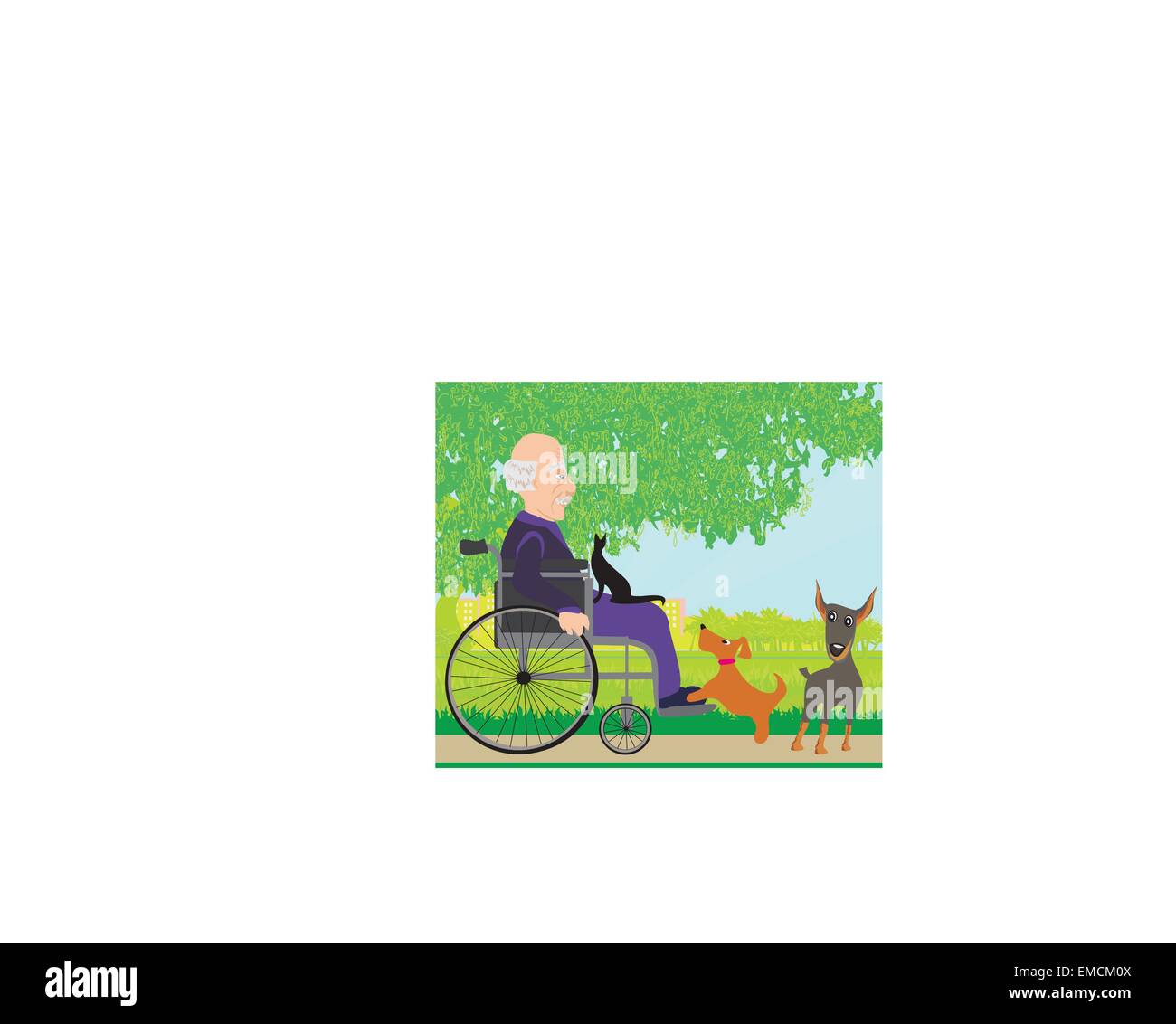 old man in a wheelchair and his pets Stock Vector
