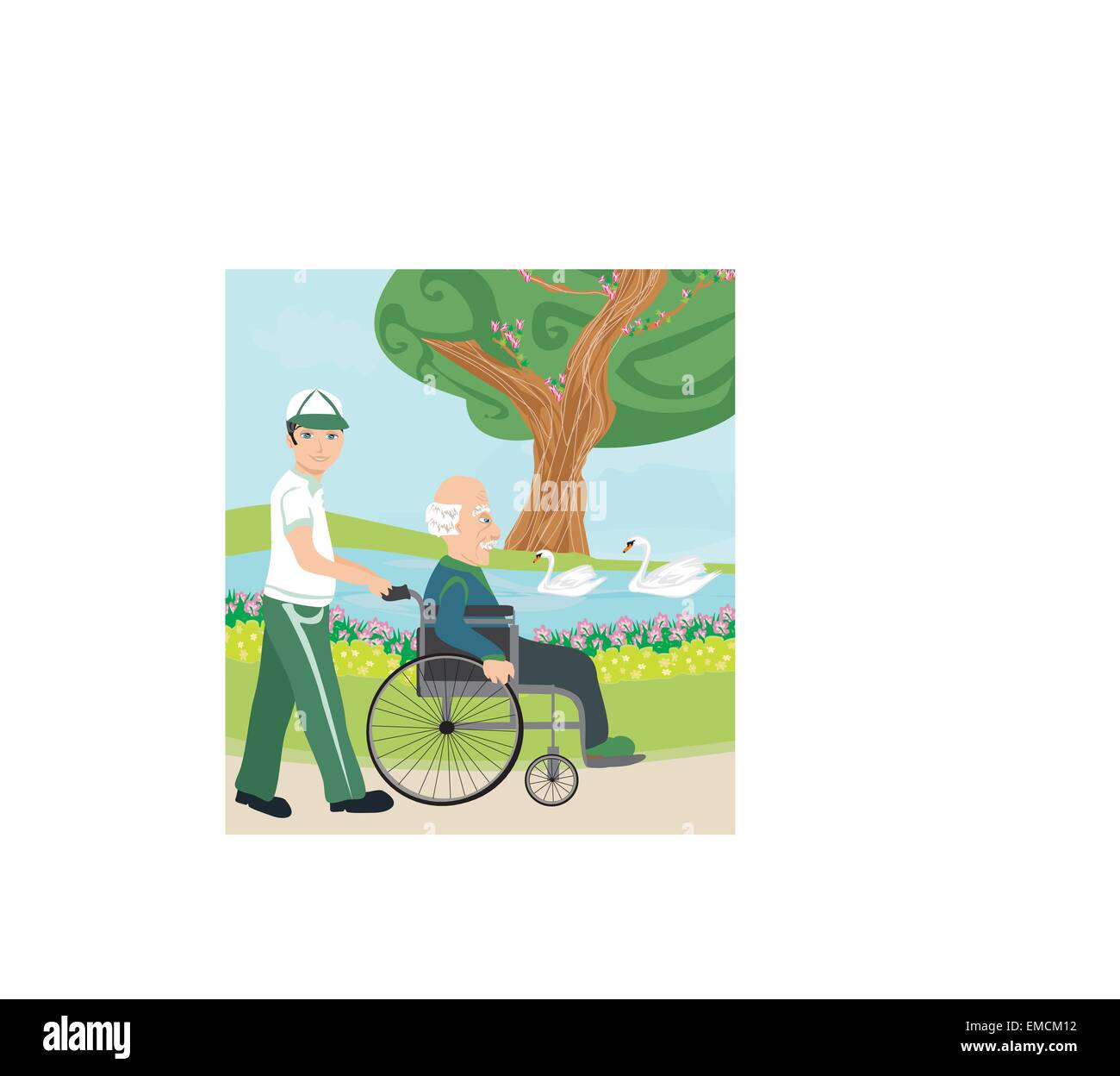 son pushing senior father on wheelchair outdoors for a walk Stock Vector