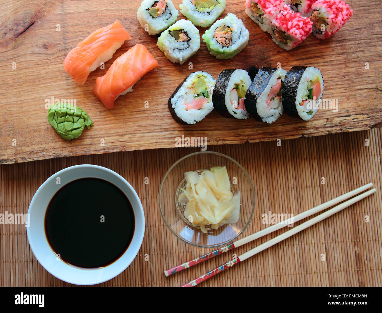 Sushi with soy sauce on wooden desk Stock Photo