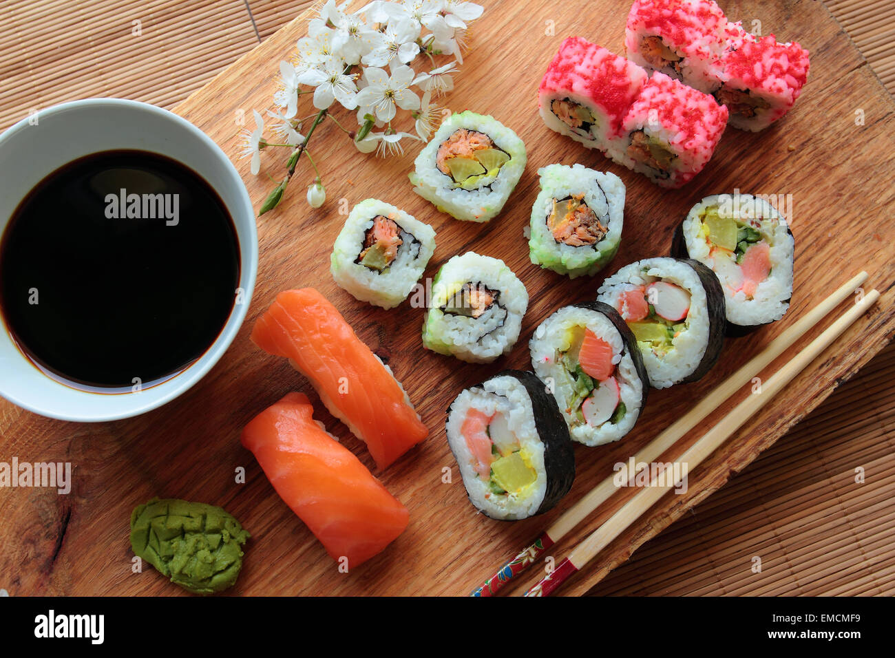 Mix of sushi with soy sauce and chopsticks Stock Photo