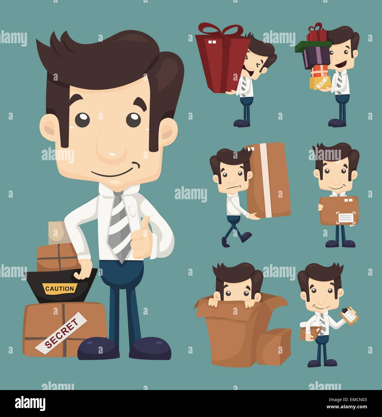 Set of businessman moving office and packing in boxes characters Stock Vector